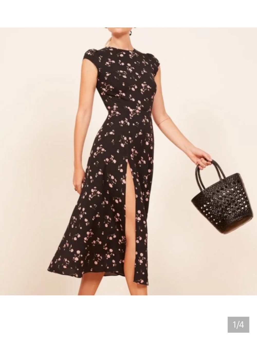 Reformation Gavin dress - Black Midi Dress with Pink Floral Print and Front Slit